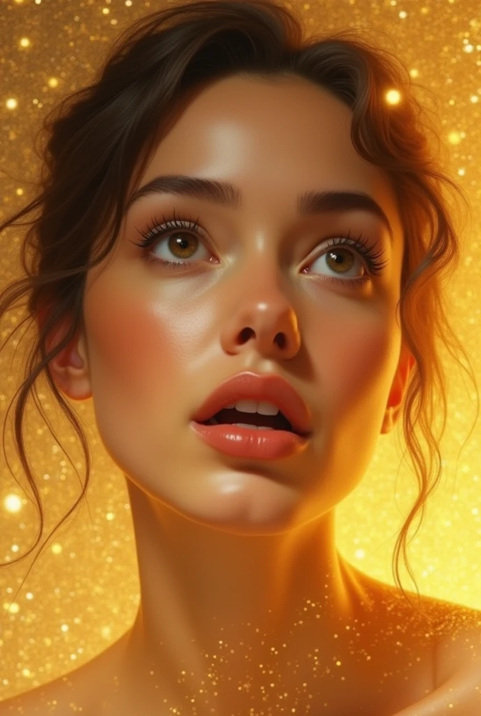 photo of a woman's face, she is surprised , golden background