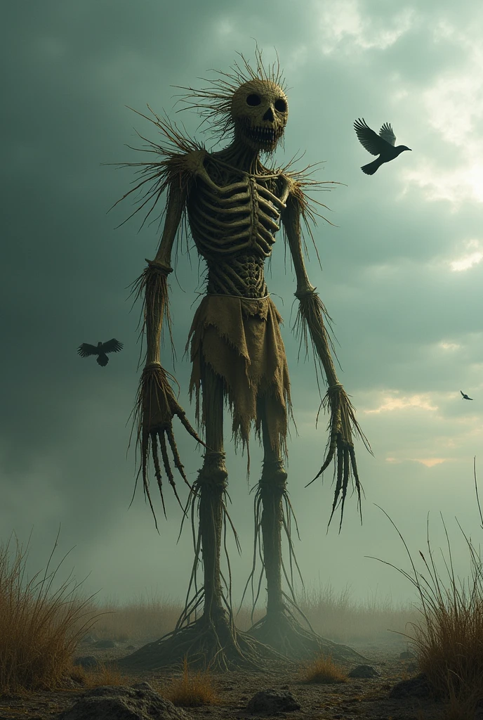 scarecrow on the field,horror scene,very epic,highly detailed,cinematic lighting,dramatic composition,moody atmosphere,dark and ominous,gloomy stormy sky,dead wheat field,crows flying overhead,twisted and gnarled scarecrow creepy face strawhead,red glowing eyes. Wear shirt .menacing presence,visceral and unsettling,gothic and supernatural,chiaroscuro lighting,painterly and atmospheric,dramatic shadows and highlights,photorealistic quality,8k resolution