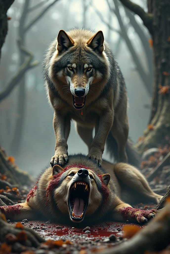 Wolves devouring a dead lion without showing blood in the forest with a full moon