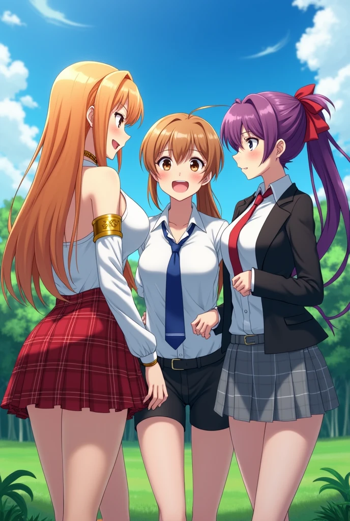 2 girl with long curly blonde hair, Brown eyes, He is wearing a long black sweatshirt and white short sports pants., She looks scared at another girl with straight blonde hair, green eyes, She is wearing a beautiful bra with a long pink skirt and is surrounded by people. office background. anime style