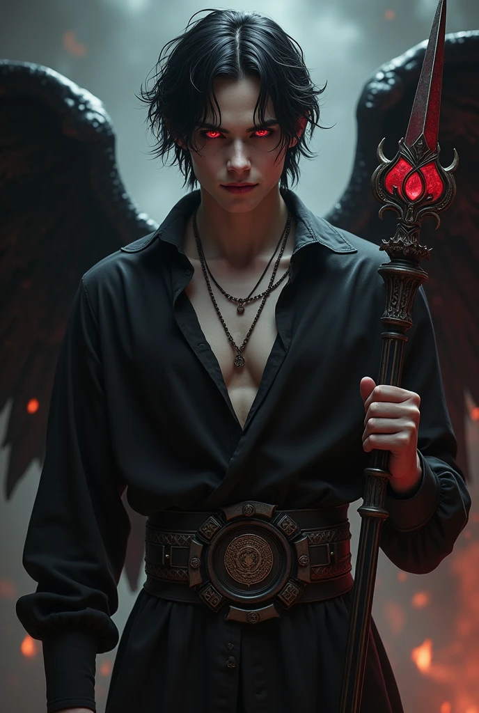 Dark wizard emo goth boy with bat wing and skeleton wing, he has vampire fangs and he has a dark wolf made of darkness that is always with him, he also has a scepter