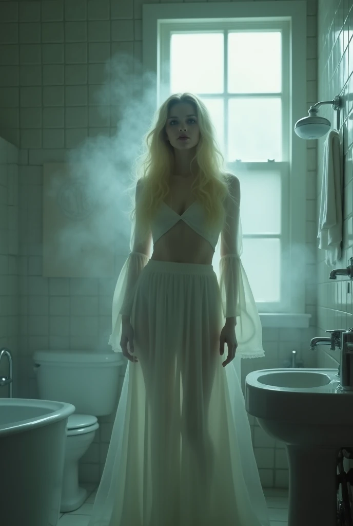 Jayne Mansfield, age 25, dressed in a bath towel, is fleeing from her bathroom which is filling with translucent slime, movie monster C'Thulu and other eldritch tentacled beasts, flesh hungry monsters, damsel in distress