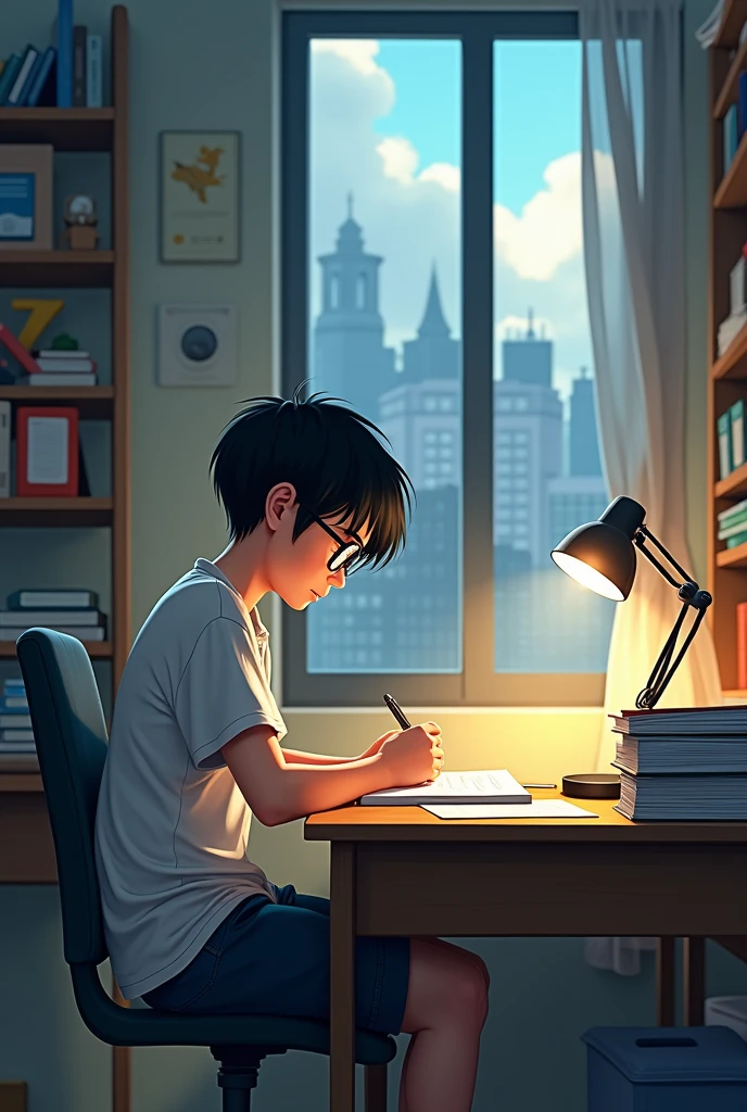 A boy sitting on a chair beside window, there is e desk and a table beside the window,the boy folds his hands on the table, some books and a little lamp are here on the table,,A prism is on the table. It is the last moment of today's Afternoon, there is cloudy purple sky. the light of the sun goes through the prism and goes out with rainbow colour, it also reflect the desk and the wall.
The boy wearing a glass, Sunlight reflects his glass. he is seeing outside the window, there are seen some houses outside the window and some young boys are playing.
The boy also seeing a road which has some lampposts with sodium-vapor light.