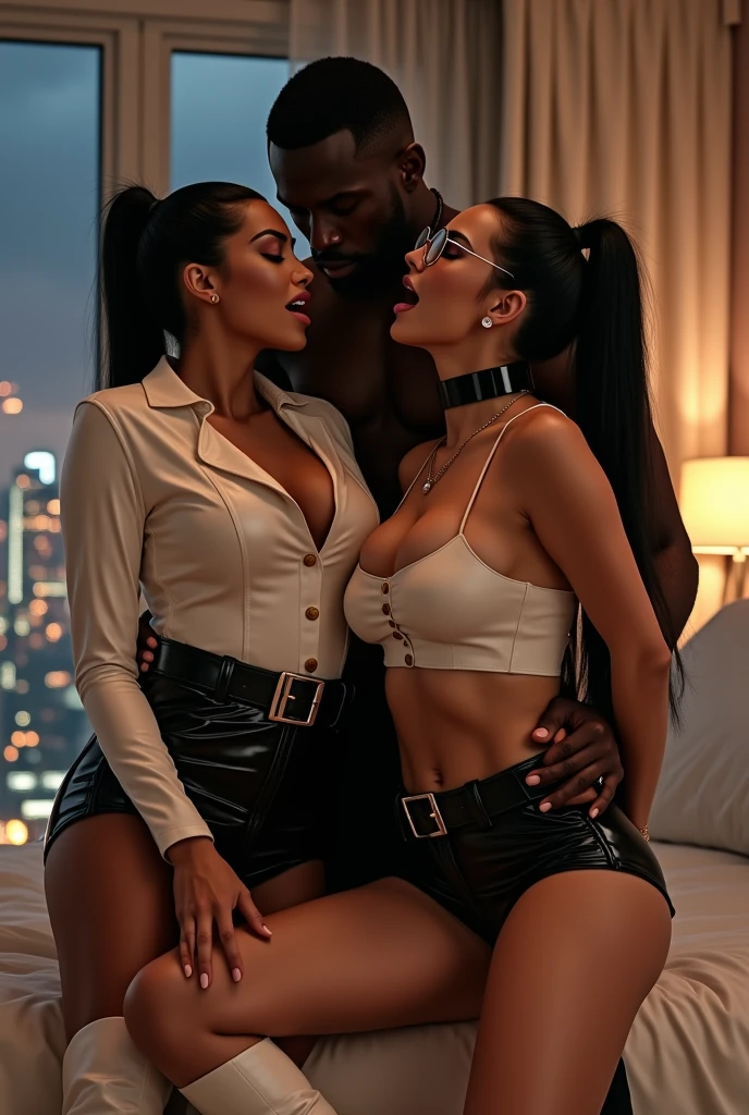 best quality, 8k, very delicate and beautiful, highly detailed face and skin texture, shiny skin, high resolution, 2 woman, huge booty dark skin woman in lingerie kissing big tits japanese girl in lingerie on balcony at sunset, sharp focus