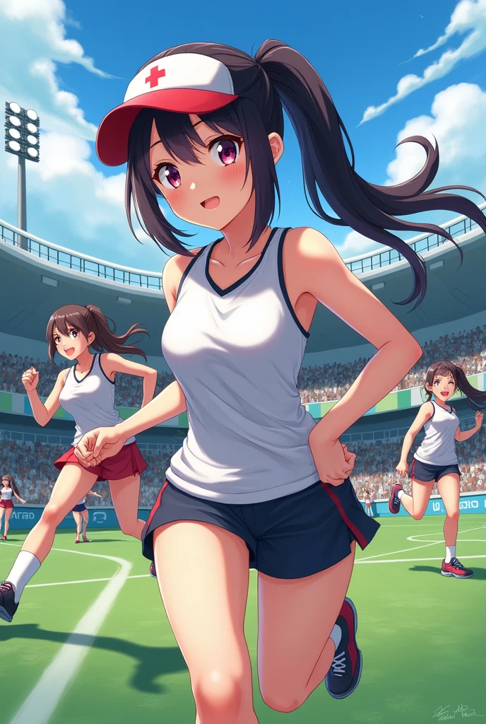 (1girl),(ager),(athlete),Black hair,Brown eyes,Very short hair,Large breasts,running,track and field athlete,sports bikini,morning sun,sports ground,((masterpiece)),((best quality)),((highres)),((ultra detailed:1.3)),((young and beautiful)),
