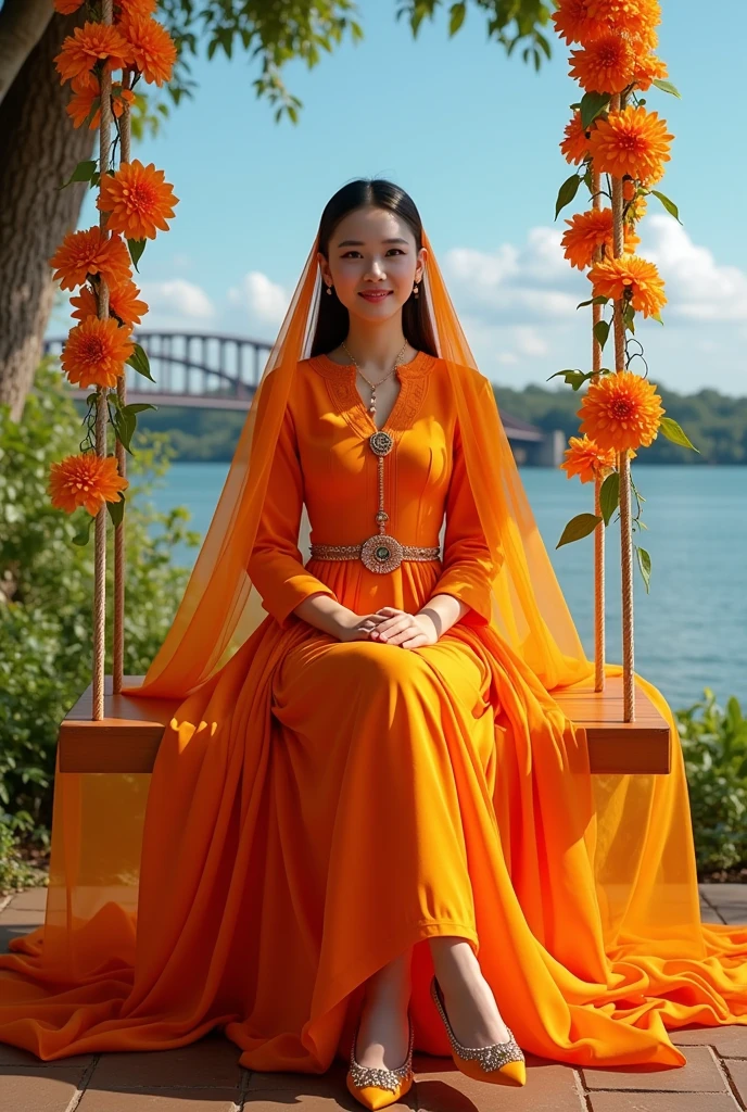 masterpiece、top-quality、realisitic、Photorealsitic、Orange-themed castle、Japan woman in orange motif dress、Orange Accessories、Orange Jewelry、Surrounded by lots of oranges、Soldier in armor with orange motif、Bright décor、A smile、dynamic ungle、动态照明