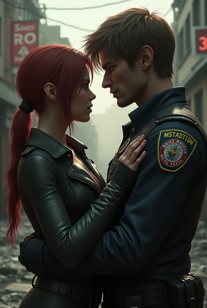 A man holding a red-haired woman with short hair in his lap and a light saber in a man's hand, 1 man with black hair, back to the camera, camera behind, against the backdrop of a tunnel at the end of a tunnel in a city at the end of the tunnel, standing, full body, 4k, film coloring, several zombies in front of them