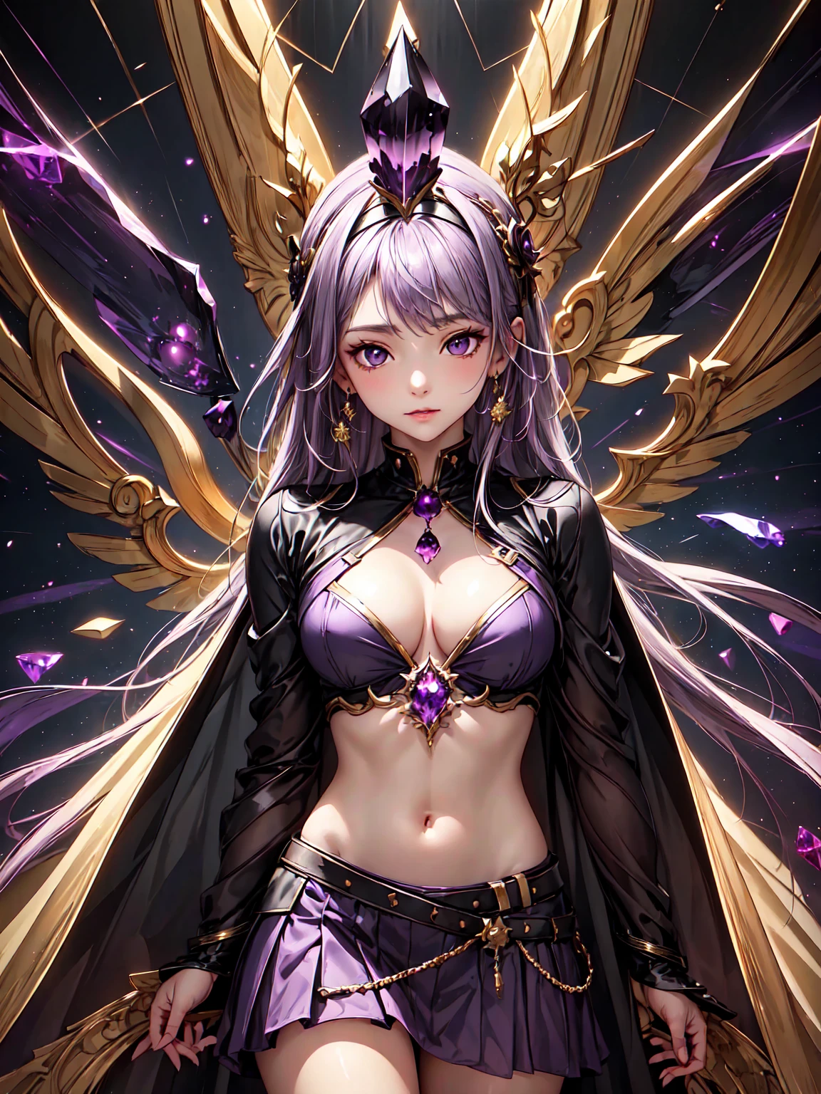 (purple gemstone background : 1.5)、side body, upper body, (Various poses : 1.5), a high school girl standing in front of a fractal art background with colorful clouds, wearing color contact lenses, extremely detailed, best quality, masterpiece, official art, beautiful and artistic