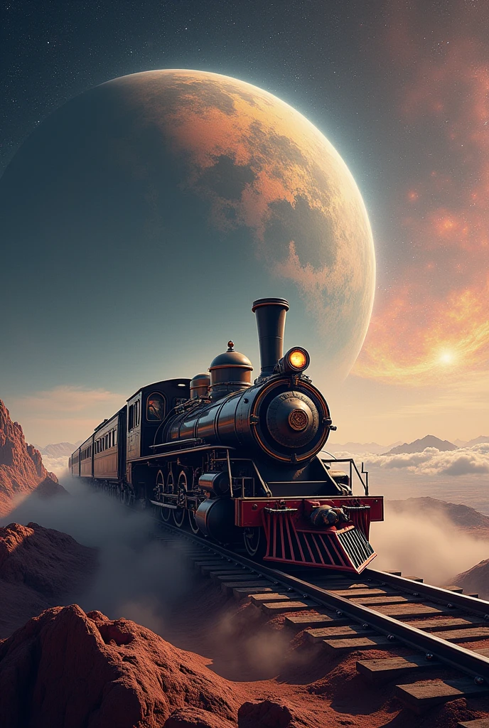 (train, running on water, misteryous, steampunk style, surrealism, masterpiece),train track, red water,stars, , cosmos, high details, artistic, contrast,shadows, gorgeous, old, cinematic, high details, BREAK ((splash)), velocity, planet on sky, reflections, symetric, gorgeous,, perfect, depth, windy, happy, freedom, magicle, impossible, traced lights, wallpaper