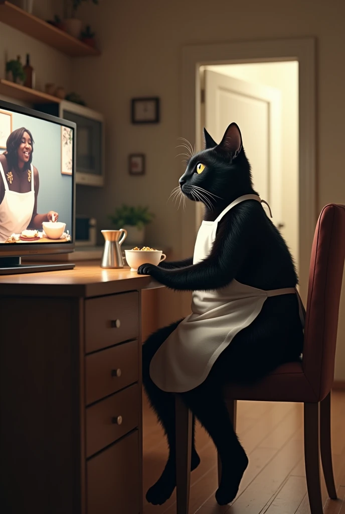  leading to the dining-kitchen a black cat that acts like a human inside when you open the door((Cait Sith))is sitting on a chair and watching TV 、Watching a cooking show intently with a serious expression 、Leaning forward to watch TV 、Wearing white apron。