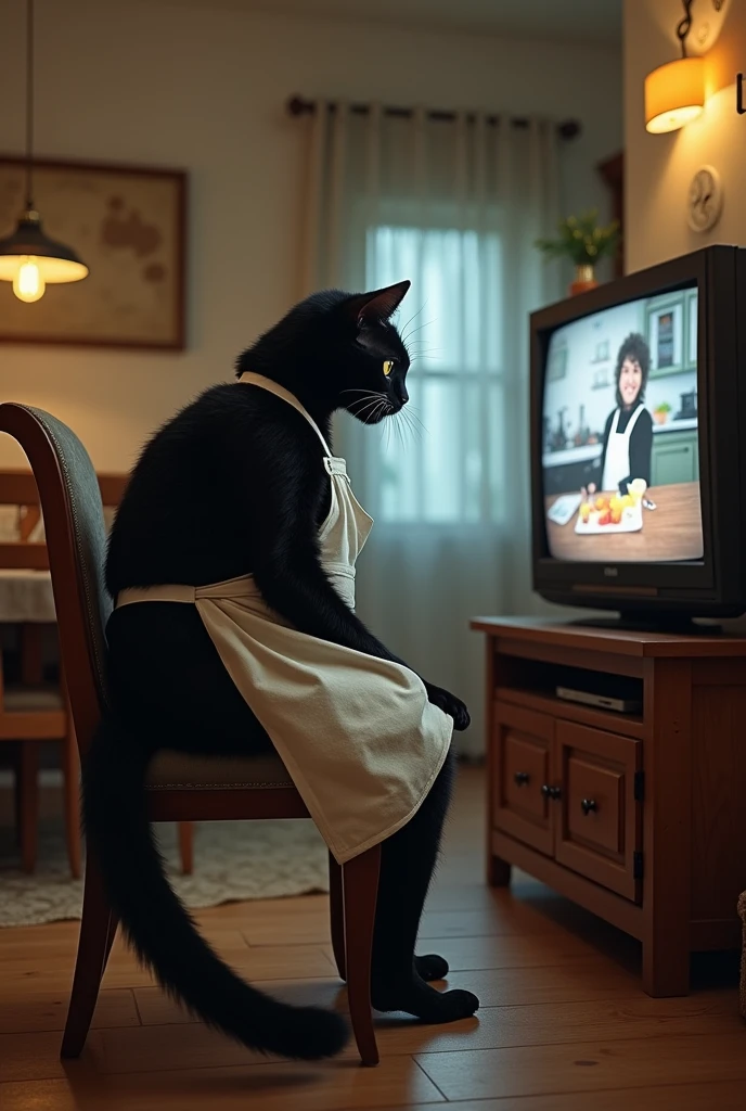  leading to the dining-kitchen a black cat that acts like a human inside when you open the door((Cait Sith))is sitting on a chair and watching TV 、Watching a cooking show intently with a serious expression 、Leaning forward to watch TV 、Wearing white apron。