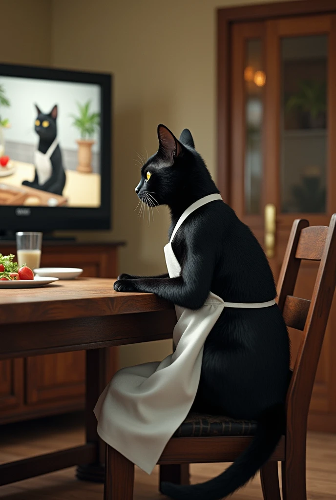  leading to the dining-kitchen a black cat that acts like a human inside when you open the door((Cait Sith))is sitting on a chair and watching TV 、Watching a cooking show intently with a serious expression 、Leaning forward to watch TV 、Wearing white apron。