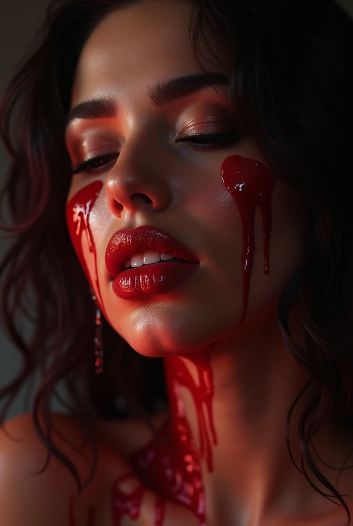 painting of a woman with blood dripping down her face, lois van rossdraws, rossdraws1.0, wadim kashin. ultra realistic, glossy digital painting, rossdraws 2.0, art of alessandro pautasso, jean-sebastien rossbach, sultry digital painting, detailed painting 4 k, artgerm julie bell beeple, wet lips