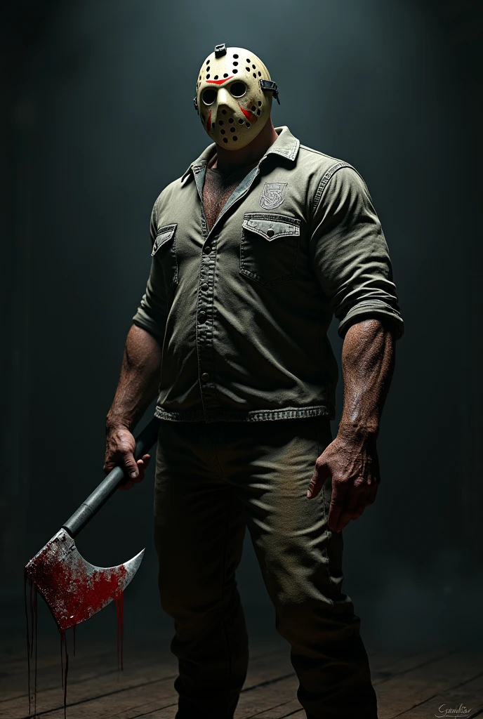 Ultra HD、Amazing image quality,４ｋ、Attacking people、Full Body Shot,Jason,Wearing a hockey mask,I have a chainsaw、Blood splatter on the body、Tattered clotheuscular body,Give the viewer a malicious look, Grabbing Viewer, For the viewer,Misty marshland background