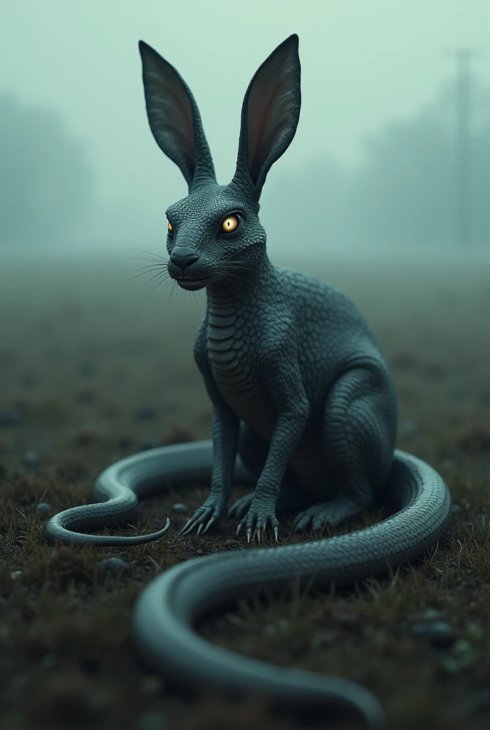 **Prompt:** "A dark, eerie hybrid creature with features of a rabbit and a snake, rendered in a hyper-realistic and macabre style. The creature has the long ears and face structure of a rabbit but with unsettling, reptilian eyes that glow faintly in a sinister manner. Its skin is covered in snake-like scales with a sickly, mottled pattern, and its mouth has small, sharp fangs. The body is long and twisted, slithering like a snake with a menacing aura. The background is a foggy, desolate field at dusk, with muted colors and shadows, adding to the haunting, unnatural feeling. Details of scales, eyes, and textures create a disturbing, lifelike effect."