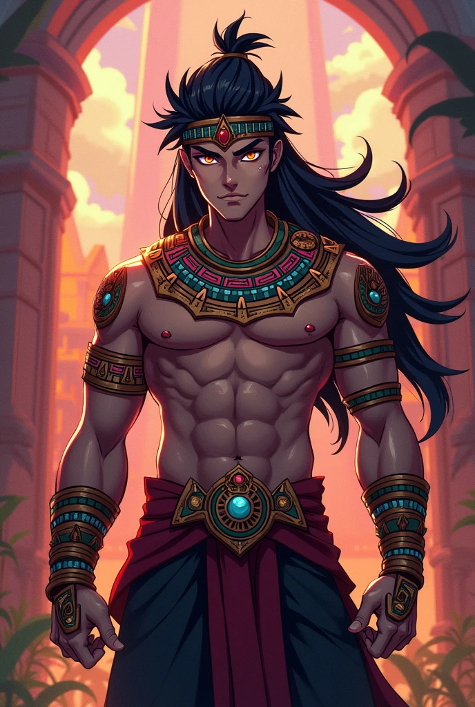 (((Aztec God))), (((Tezcatlipoca))), (((darkest skin))), (((black skin))), ((best quality)), (((green eyes))), ((masterpiece)), (detailed), perfect face, male, mayan male, black hair, black skin, yellow horizontal painted stripe over eyes, yellow horizontal painted stripe over mouth area, golden armbands on upper arms, toned body, colorful loincloth, detailed key anime art, detailed key concept art, young adult male, green eyes, huaraches, feather headdress, dark skin, quetzal feathers, oenelli, long hair tied up in a high ponytail, is only wearing a loincloth, toned chest, exposed chest, exposed arms, exposed torso, dark skin, black skin, painted black skin, exposed shoulders, almost naked, half naked, yellow and black striped facepaint