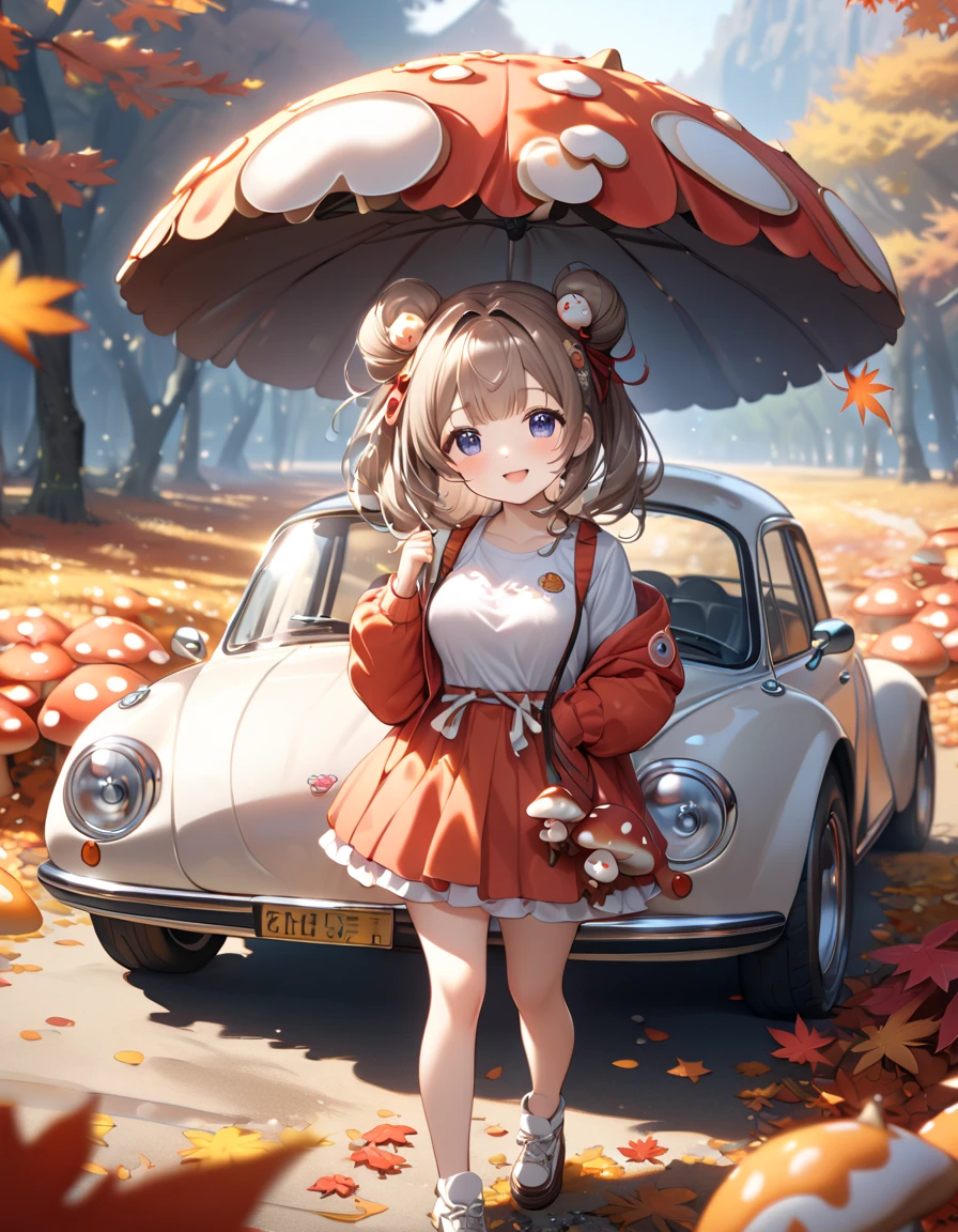 (masterpiece, ultra-detailed, best quality, clear focus, dramatic scene, cinematic), shadow, (ultra-high resolution, 8k), perfect anatomy, perfect face, (detailed face, detailed eye), cute Japanese chibi girl, (chibi:1.2), famous Japanese idol, very beautiful and cute and cool face, (wearing a cute outdoor wear:1.3), (large breasts), slim waist, happy smile, she looks so fun, (She is in front of the cute car that made from mushrooms in the autumn leaves:1.3), some large mushrooms are on the ground, detailed cat is walking around her