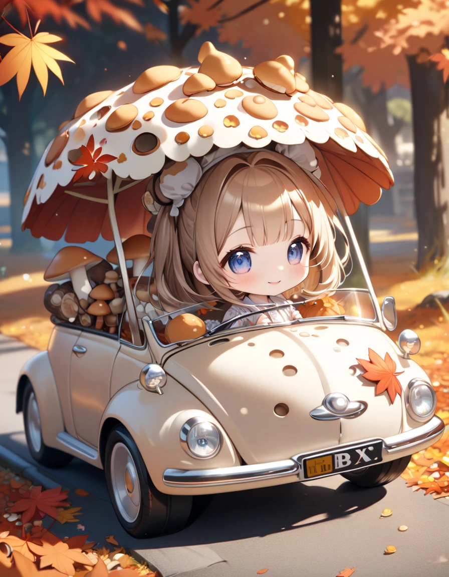 (masterpiece, ultra-detailed, best quality, clear focus, dramatic scene, cinematic), shadow, (ultra-high resolution, 8k), perfect anatomy, perfect face, (detailed face, detailed eye), cute Japanese chibi girl, (chibi:1.2), famous Japanese idol, very beautiful and cute and cool face, (wearing a cute outdoor wear:1.3), (large breasts), slim waist, happy smile, she looks so fun, (She is in front of the cute car that made from mushrooms in the autumn leaves:1.3), some large mushrooms are on the ground, detailed cat is walking around her