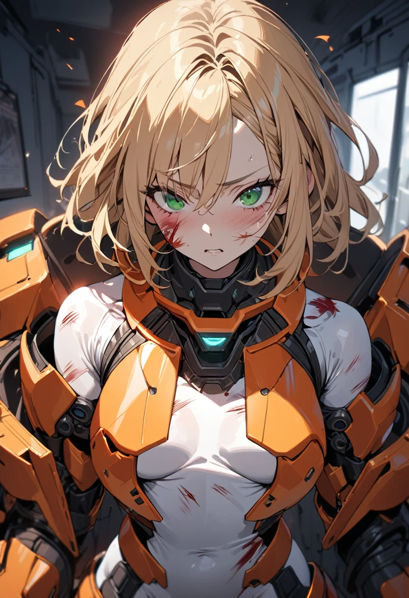 girl blonde hair controlling a large robot giant robot man with puppet strings covered in blood puppets everywhere around her with blood coming out of them.