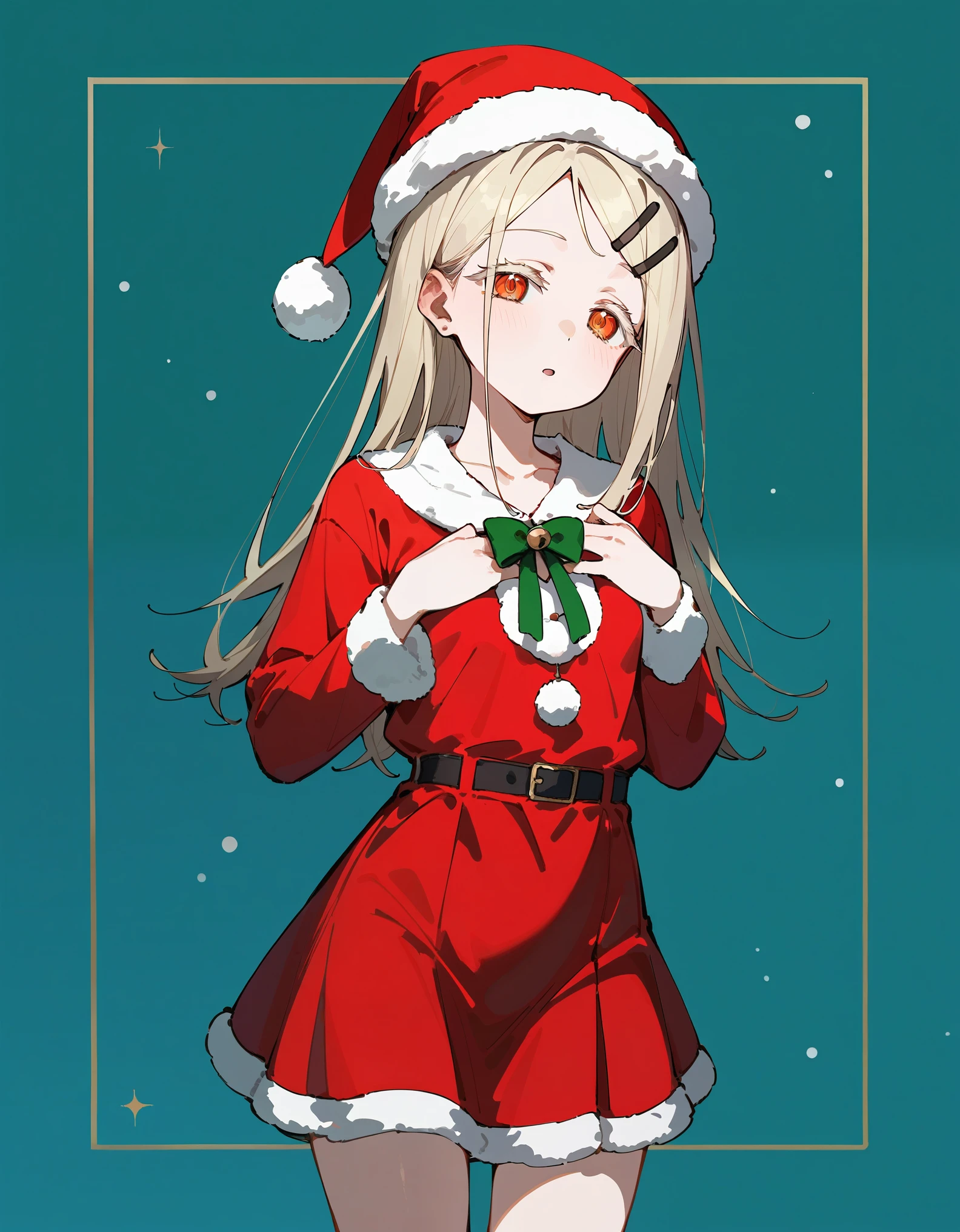 shinosawa hiro,slender,(Listless), Half-open eyes, deep orange eyes,white eyelashes, white blonde hair,long hair,hairclip, small breast, thin belly, small mouth, santa costume, red one-piece dress, mini-skirt, santa hat, girl, solo, best quality, very aesthetic, nsfw、Highest quality, masterpiece, No correction,thin, shy, Expressionless, cowboy shot, (little smile:0.5), open mouth,