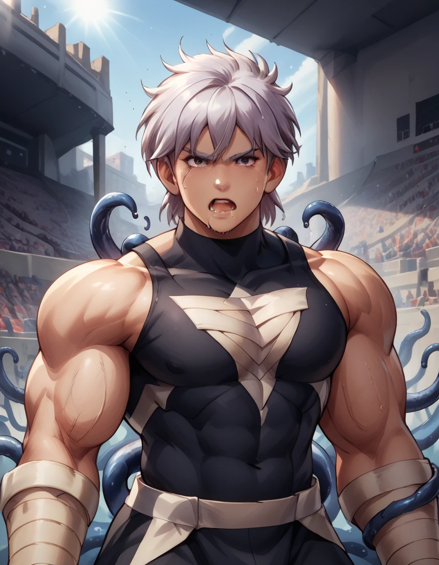 Hyunckel,bandage, Silver Hair, huge muscles,18-year-old boy,((Huge penis)),(( clenched around their wings by black tentacles , tentacles jumping into the chest from all sides )), Open your arms wide and clench your fists, Open Big Mouth, large number of protruding blood vessels ,((Gives off an evil aura)),Full body images, painful expression,Black undershirt,,Lots of sweat, tears, and drooling, in the middle of the Colosseum , tight muscles, rape,Demon Body,score_9,score_8_up,score_7_up,source_anime,HD, 1boy,Alone,Hyunckel,lavender hair, black eyes, looking at viewer, light rays, upper body,posing, bandages, bandages covered body,nsfw,Orgy