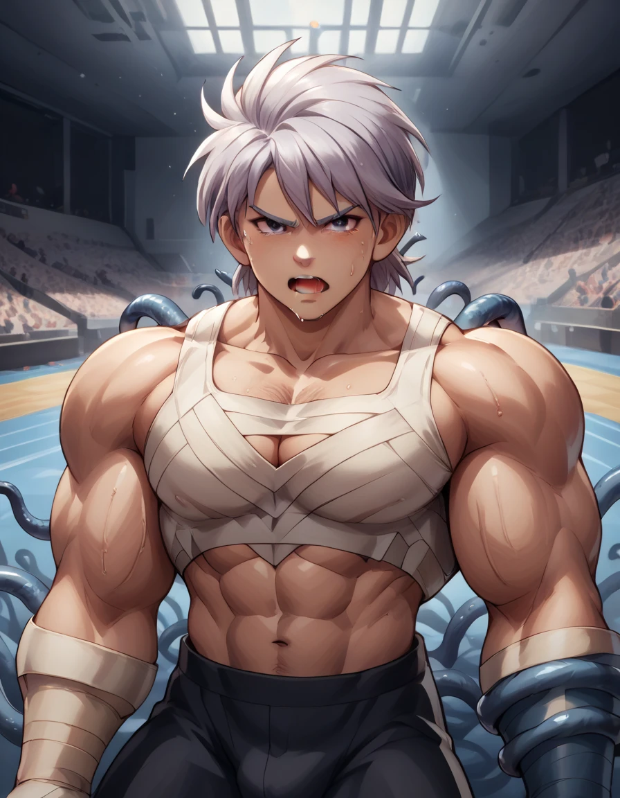 Hyunckel,bandage, Silver Hair, huge muscles,18-year-old boy,((Huge penis)),(( clenched around their wings by black tentacles , tentacles jumping into the chest from all sides )), Open your arms wide and clench your fists, Open Big Mouth, large number of protruding blood vessels ,((Gives off an evil aura)),Full body images, painful expression,Black undershirt,,Lots of sweat, tears, and drooling, in the middle of the Colosseum , tight muscles, rape,Demon Body,score_9,score_8_up,score_7_up,source_anime,HD, 1boy,Alone,Hyunckel,lavender hair, black eyes, looking at viewer, light rays, upper body,posing, bandages, bandages covered body,nsfw,Orgy