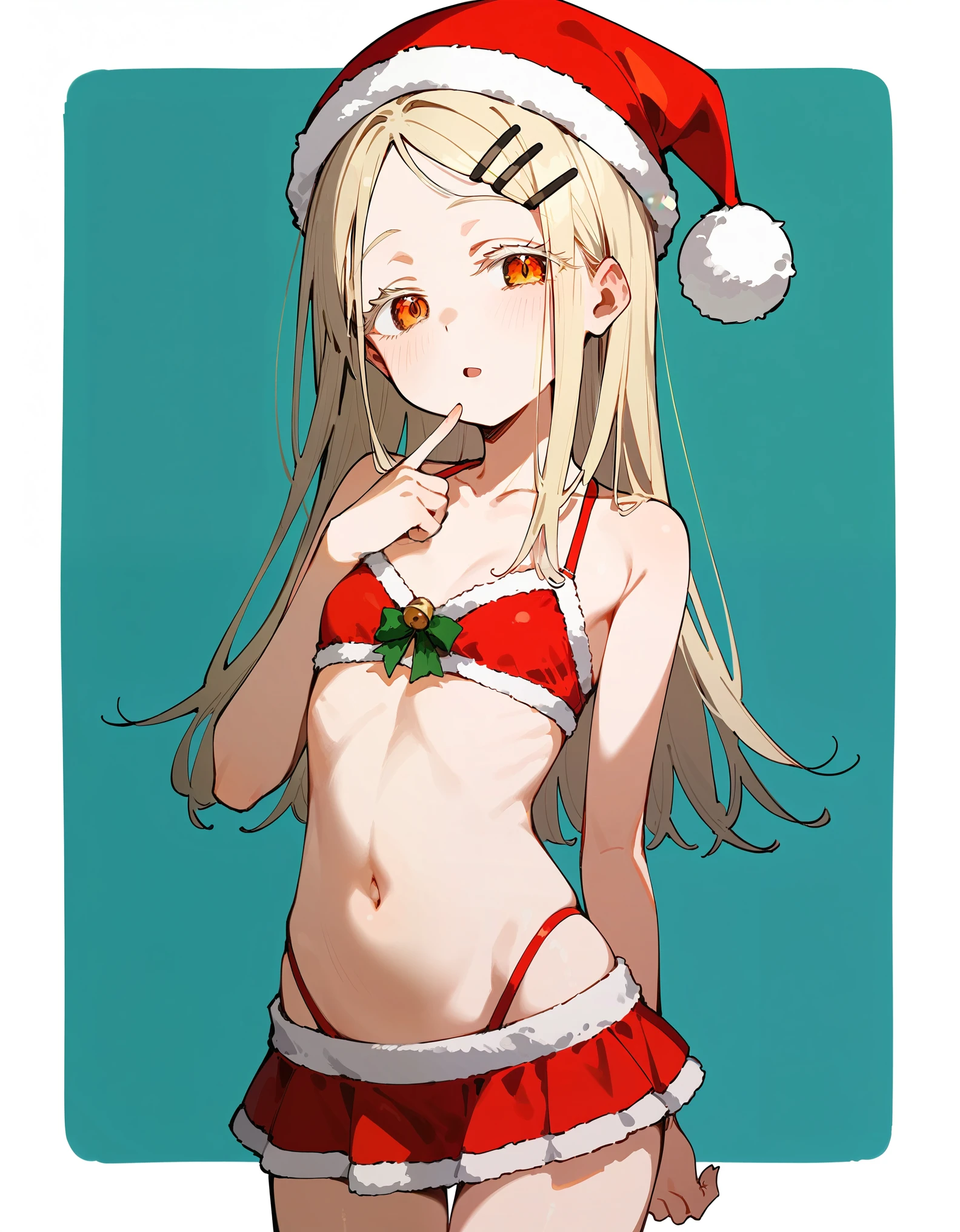 shinosawa hiro,slender,(Listless), Half-open eyes, deep orange eyes,white eyelashes, white blonde hair,long hair,hairclip, small breast, thin belly, small mouth, santa costume, red bikini, mini-skirt, santa hat, girl, solo, best quality, very aesthetic, nsfw、Highest quality, masterpiece, No correction,thin, shy, Expressionless, cowboy shot, (little smile:0.5), open mouth,