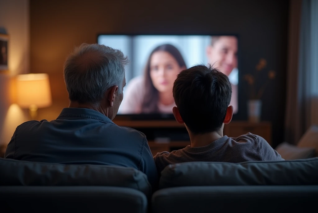 father watching tv and his 12 year old son calling him from behind but the father is ignoring him
