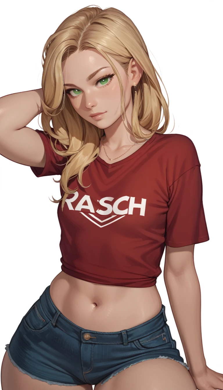  Cartoon of a girl , Sensual, rascal, seductive, Blonde hair, long hair,  green-eyed, Closed mouth,   perfect face,short jeans,  thick thighs ,Droopy Shoulder Red Shirt ,  subtle neckline ,  small breasts, simple white background
