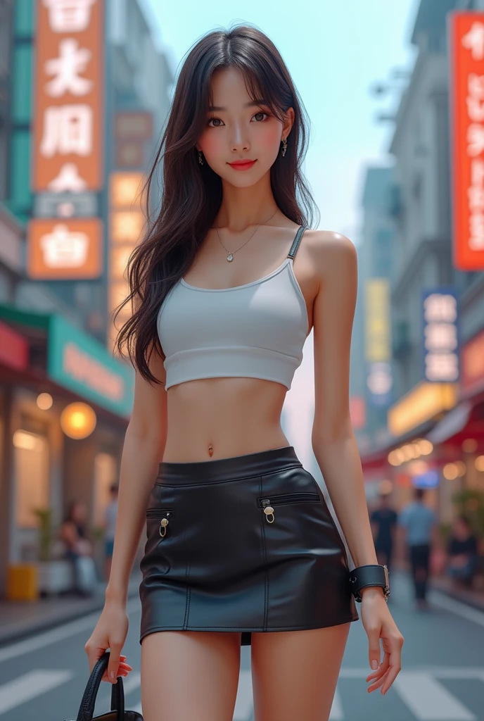 8k, masterpiece, RAW photo, best quality, photorealistic, extremely detailed CG unity 8k wallpaper, Depth of field, Cinematic Light, Lens Flare, Ray tracing, (extremely beautiful face, beautiful lips, beautiful eyes), intricate detail face, ((ultra detailed skin)) 1girl, in the dark, deep shadow, pretty korean girl, kpop idol, 1 girl, (very slim slender fit-muscled body:1.3), ((looking at viewer)),(big smile:1.3), (tight pink pants), (laced pants), (midnight, dark night, (neon sign), (blurred background), dim light), (without people in the background:1.3), beautiful earrings, bracelets, necklace, pantyhose, clear eyes, walking , front shot, (pale skin), (big eyes), face forward, (full body shot), ((silk hot pink shirt)), (brown hairs), (laced shirt), open navel, (looking at viewer:1.3) very slim, medium breasts, hermes bag, (camel toe), thick thighs