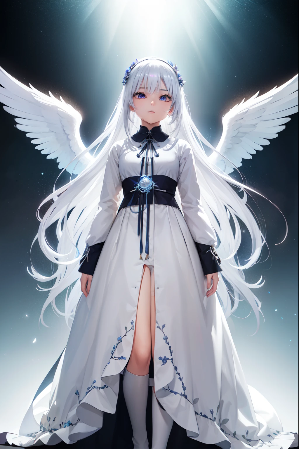  A beautiful young girl with white hair and angelic wings ,  highly detailed anime style illustration , 1girl, Detailed facial features, long eyelashes, Flower Crown , elegant pose, cinematic lighting, vibrant colors, Digital Painting, masterpiece, photorealistic, 8K,  best quality  (masterpiece、 top quality、8K、 High resolution)、a female、( beautiful face、 beautiful face)、  beautiful eyes of god  、 beautiful lips、 Beautiful nose、 platinum blonde hair 、(The best anime girl)、Sandy beach with forest view 、 A bright night with visible stars .、体 full bodyから神秘的な光の粒子、Mysterious light around the head、jewelry、collar、dress、( full body)、 Highly detailed anime art 、A complete representation、Chica anime, White hair with gray gradient,  longer front locks than the back ones ,  short layers on the back ,  bangs covering her forehead, White and smooth skin,  His small but well-shaped body highlights his thighs and breasts,  eyes of different colors ,  The one on the left is blue with a light blue gradient .,  The right one is red with a black gradient .,  He wears a long white haori with long sleeves , Black skirt uniform  , white boots .  