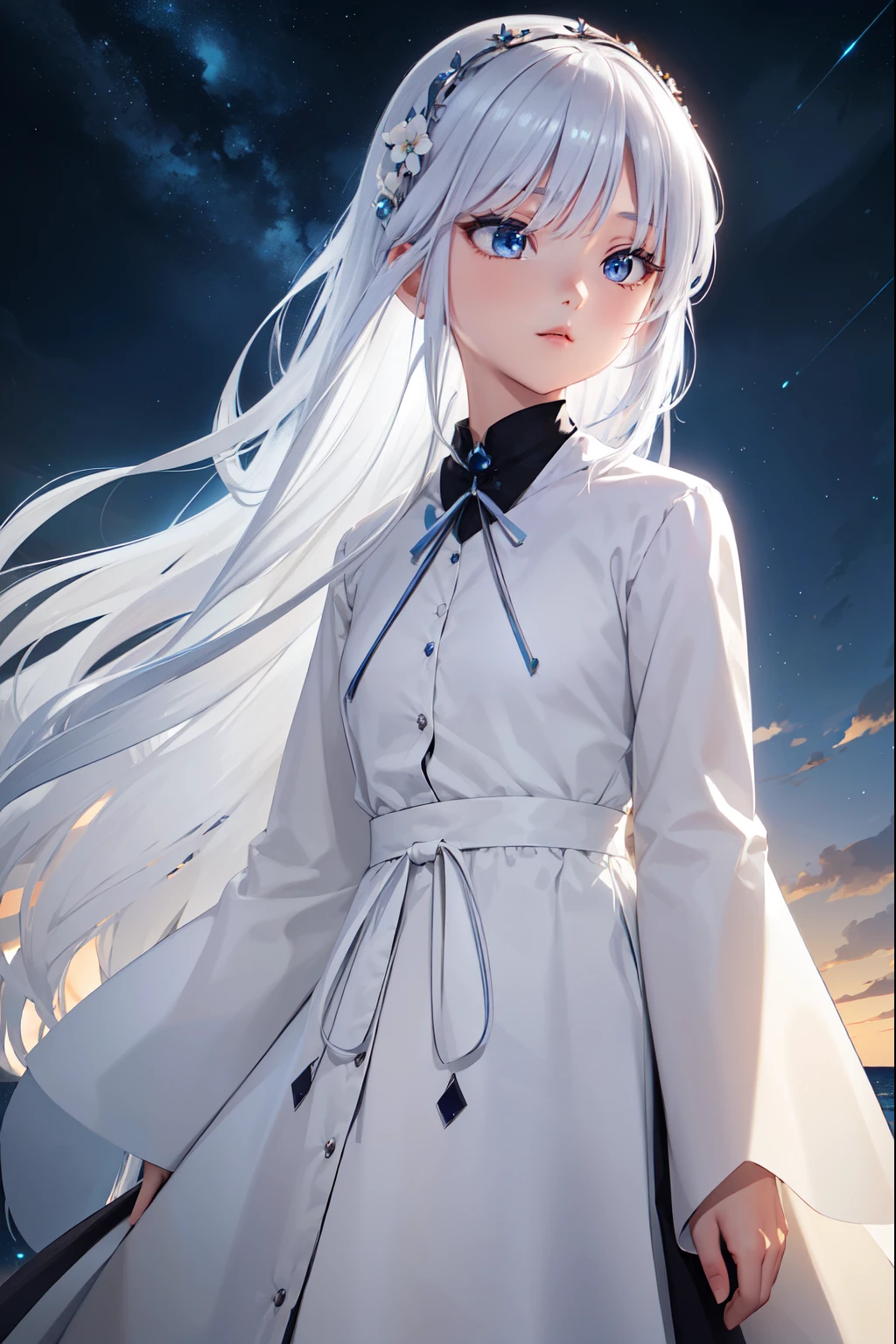  A beautiful young girl with white hair and angelic wings ,  highly detailed anime style illustration , 1girl, Detailed facial features, long eyelashes, Flower Crown , elegant pose, cinematic lighting, vibrant colors, Digital Painting, masterpiece, photorealistic, 8K,  best quality  (masterpiece、 top quality、8K、 High resolution)、a female、( beautiful face、 beautiful face)、  beautiful eyes of god  、 beautiful lips、 Beautiful nose、 platinum blonde hair 、(The best anime girl)、Sandy beach with forest view 、 A bright night with visible stars .、体 full bodyから神秘的な光の粒子、Mysterious light around the head、jewelry、collar、dress、( full body)、 Highly detailed anime art 、A complete representation、Chica anime, White hair with gray gradient,  longer front locks than the back ones ,  short layers on the back ,  bangs covering her forehead, White and smooth skin,  His small but well-shaped body highlights his thighs and breasts,  eyes of different colors ,  The one on the left is blue with a light blue gradient .,  The right one is red with a black gradient .,  He wears a long white haori with long sleeves , Black skirt uniform  , white boots .  