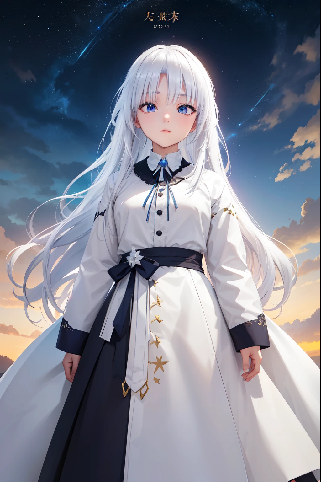  A beautiful young girl with white hair and angelic wings ,  highly detailed anime style illustration , 1girl, Detailed facial features, long eyelashes, Flower Crown , elegant pose, cinematic lighting, vibrant colors, Digital Painting, masterpiece, photorealistic, 8K,  best quality  (masterpiece、 top quality、8K、 High resolution)、a female、( beautiful face、 beautiful face)、  beautiful eyes of god  、 beautiful lips、 Beautiful nose、 platinum blonde hair 、(The best anime girl)、Sandy beach with forest view 、 A bright night with visible stars .、体 full bodyから神秘的な光の粒子、Mysterious light around the head、jewelry、collar、dress、( full body)、 Highly detailed anime art 、A complete representation、Chica anime, White hair with gray gradient,  longer front locks than the back ones ,  short layers on the back ,  bangs covering her forehead, White and smooth skin,  His small but well-shaped body highlights his thighs and breasts,  eyes of different colors ,  The one on the left is blue with a light blue gradient .,  The right one is red with a black gradient .,  He wears a long white haori with long sleeves , Black skirt uniform  , white boots .  