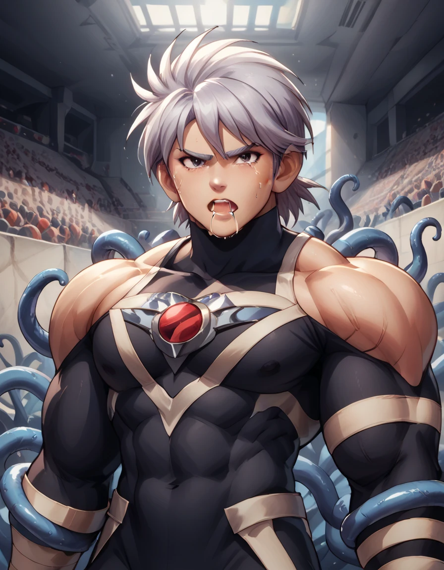 Hyunckel,bandage, Silver Hair, huge muscles,18-year-old boy,((Huge penis)),(( clenched around their wings by black tentacles , tentacles jumping into the chest from all sides )), Open your arms wide and clench your fists, Open Big Mouth, large number of protruding blood vessels ,((Gives off an evil aura)),Full body images, painful expression,megaman suit,,Lots of sweat, tears, and drooling, in the middle of the Colosseum , tight muscles, rape,Demon Body,score_9,score_8_up,score_7_up,source_anime,HD, 1boy,Alone,Hyunckel,lavender hair, black eyes, looking at viewer, light rays, upper body,posing, bandages, bandages covered body,nsfw,Orgy