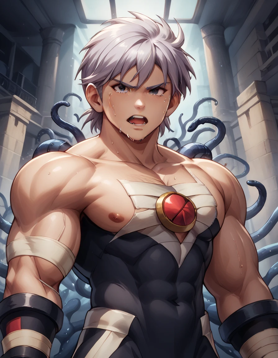 Hyunckel,bandage, Silver Hair, huge muscles,18-year-old boy,((Huge penis)),(( clenched around their wings by black tentacles , tentacles jumping into the chest from all sides )), Open your arms wide and clench your fists, Open Big Mouth, large number of protruding blood vessels ,((Gives off an evil aura)),Full body images, painful expression,megaman suit,,Lots of sweat, tears, and drooling, in the middle of the Colosseum , tight muscles, rape,Demon Body,score_9,score_8_up,score_7_up,source_anime,HD, 1boy,Alone,Hyunckel,lavender hair, black eyes, looking at viewer, light rays, upper body,posing, bandages, bandages covered body,nsfw,Orgy