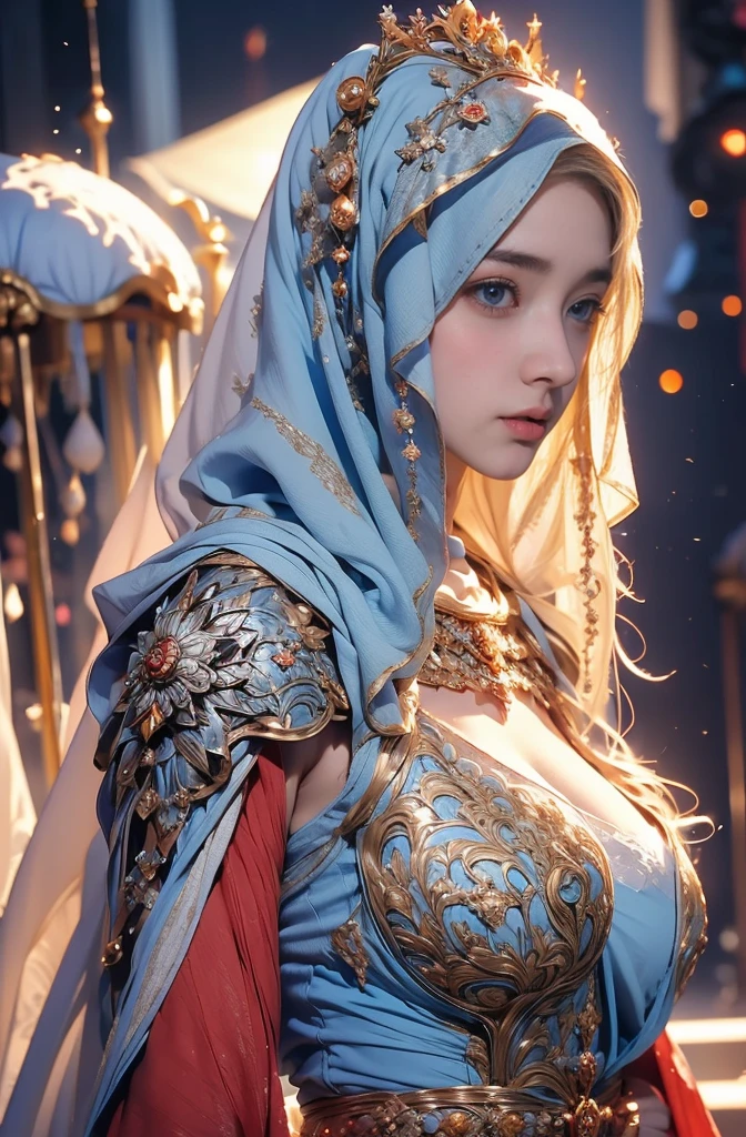 Erect nipples, wearing a hijab , luxury hijab,crown luxury , blue eye, blond hair, around , (gold ), tmasterpiece,Best quality at best,A high resolution,8K,((Portrait)),(upper body),Original photo,real photograph,digital photography,(Female princess in the medieval fantasy style), sexy princess ,blue eye, super colossal breast, round colossal breast ,open kissing lips,Keep your mouth shuegant and charming,((Blushing)),virgin contempt,Calm and handsome,(Medieval fantasy dress,The Beautiful super huge round breast, small waist, perfect colossal breast of princess body, a blue delicate pattern,silver Cloak),(princes medieval character medieval fantasy style,oc render reflection texture, fighting style, sexy colossal breast , medieval castle background, slim body, very small waist,
