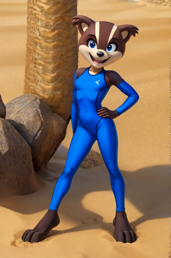 Badger is a full-length cartoon girl slim skinny in a blue tight lycra swimsuit on the beach with a happy face, big feet