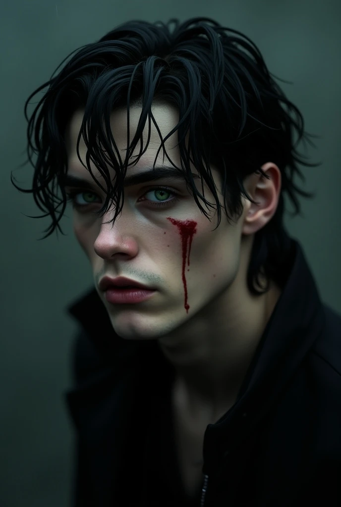 young man 19 years, ((best quality)), ((masterpiece)), (detailed), (Full body), perfect face, a beautiful and sexy demon, he has black hair and sky blue eyes, his teeth are sharp and pointed. His hands are stained with blood., scary smile, vampire teeth