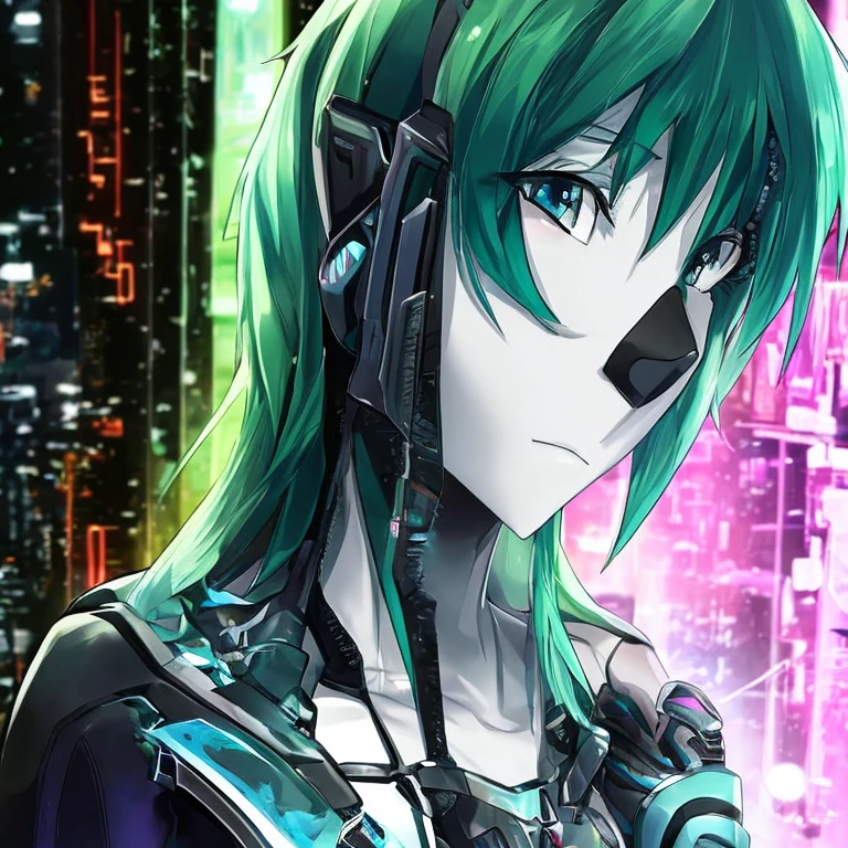 woman, Realistic character, green hair with pink strands,  blue eyes, Anime-Series, Alone, modern, cyberpunk