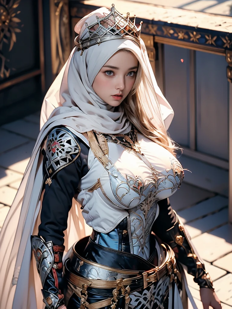 Princess, ((((Wearing the hijab)))), full armor with luxury pattern, Crown Luxury , blue eyes, Blonde, Around , (Red and silver hijab), masterpiece，The best quality at its best，High resolution，8k，((Portraiture))，(Upper Body)，Original photo，Actual photo，Digital photography，(Female Princess in the medieval fantasy style)，(Medieval Princess in fantasy style), virgin Princess ，blue eyes， Small breasts, Extravagant decoration of  breasts plate armor，Lips parted，Make your lips look more attractive and glamorous，((Blushing))，Contempt for Virgins，calm and beautyfull ，(Medieval Fantasy Dress，Beautiful armor breasts, Narrow waist, perfect colossal breast of Princess body, oc rendering reflection texture, luxury  breasts armor , Medieval castle background, 