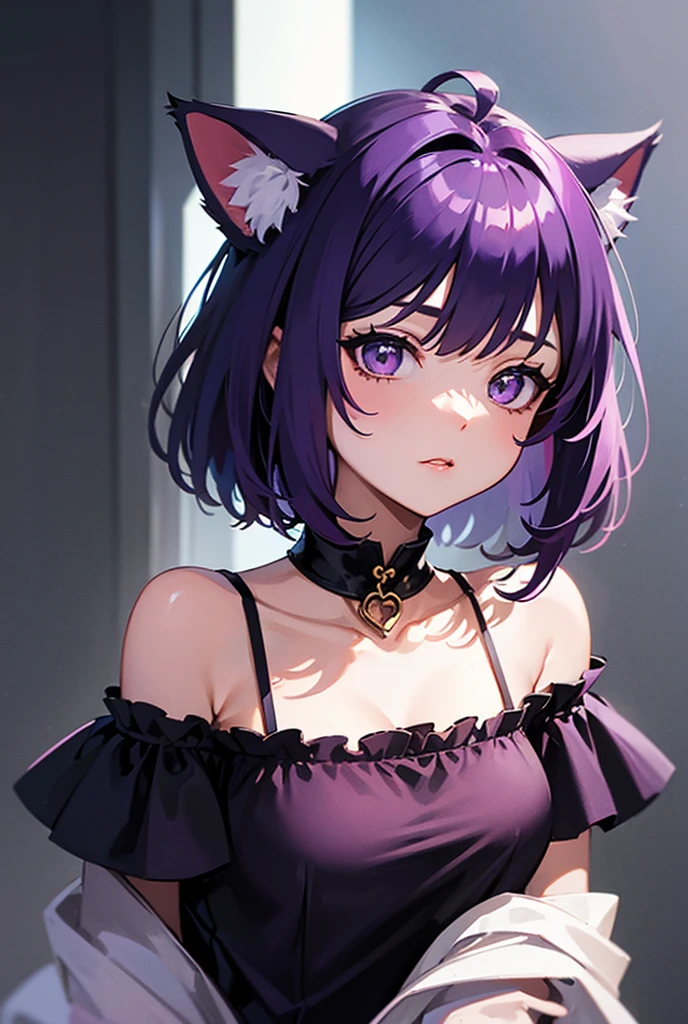 A girl with a clown outfit with black and purple hair with fox ears and purple eyes