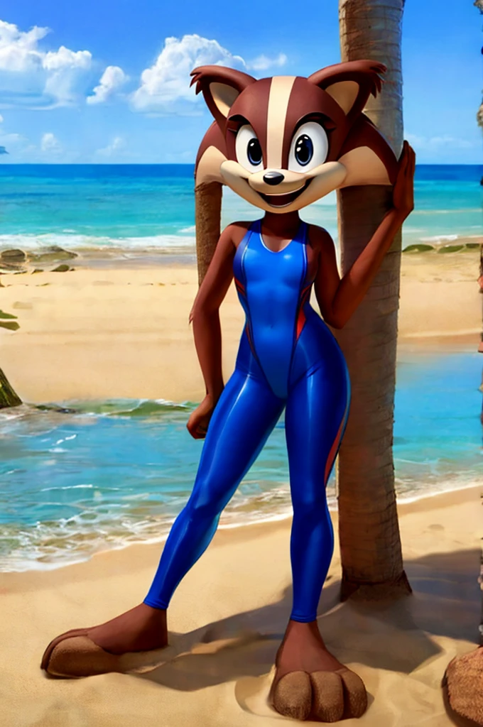 Badger is a full-length cartoon girl slim skinny in a blue tight lycra swimsuit on the beach with a happy face, big feet