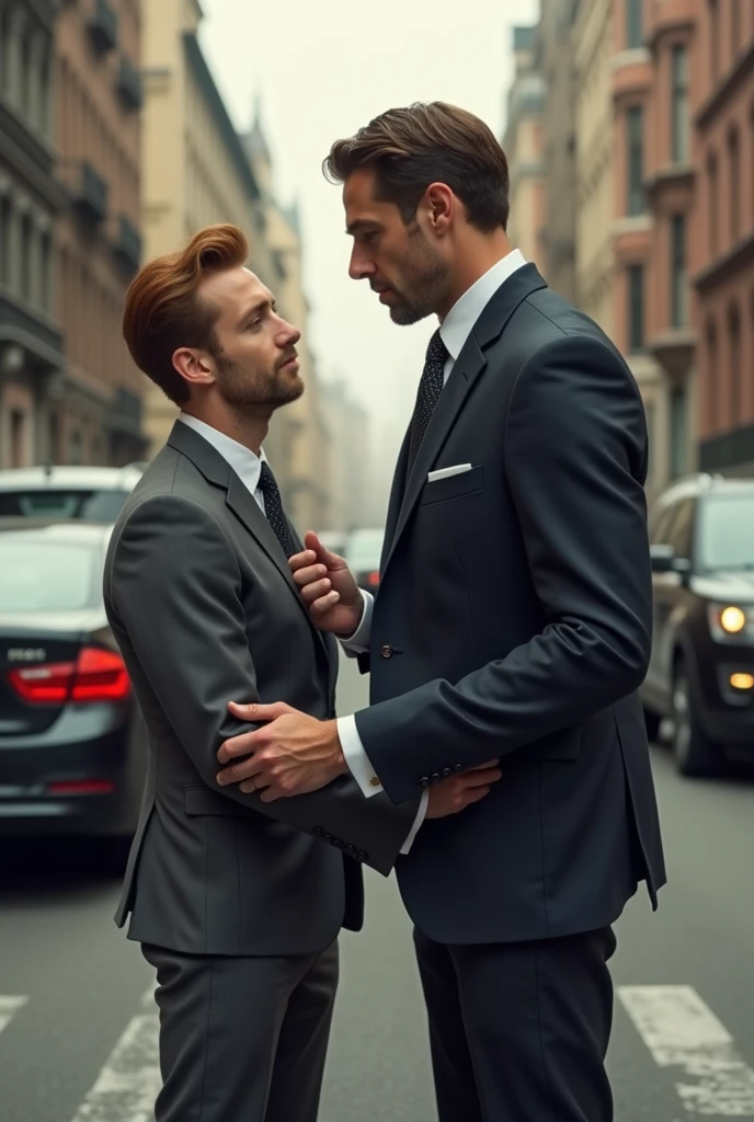 naked gay hugged in the hips pectoral chest fucking by tango dancer gay tuxedo black suit and bow tie inside the garage