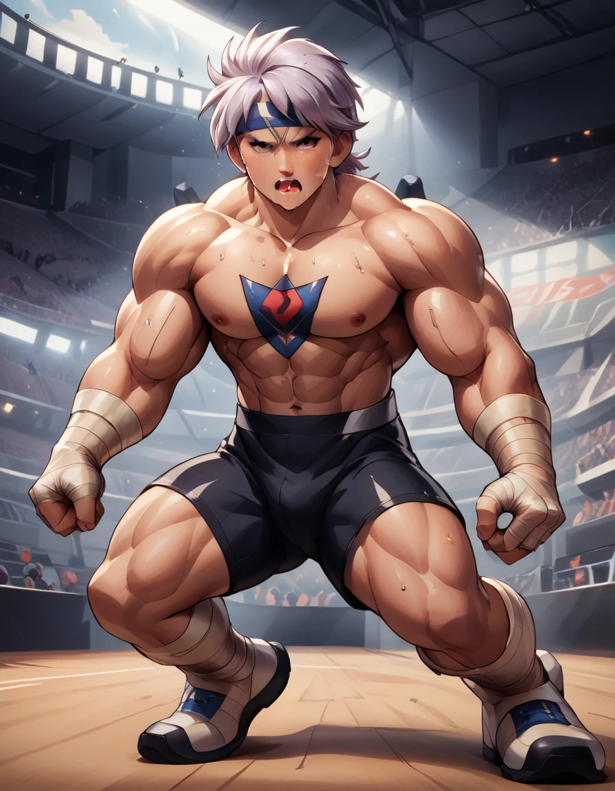 Hyunckel,bandage, Silver Hair, huge muscles,18-year-old boy,((Huge penis)),(( clenched around their wings by black tentacles , tentacles jumping into the chest from all sides )), Open your arms wide and clench your fists, Open Big Mouth, large number of protruding blood vessels ,((Gives off an evil aura)),Full body images, painful expression,megaman suit,,Lots of sweat, tears, and drooling, in the middle of the Colosseum , tight muscles, rape,Demon Body,score_9,score_8_up,score_7_up,source_anime,HD, 1boy,Alone,Hyunckel,lavender hair, black eyes, looking at viewer, light rays, full  body,posing, bandages, bandages covered body,nsfw,Orgy