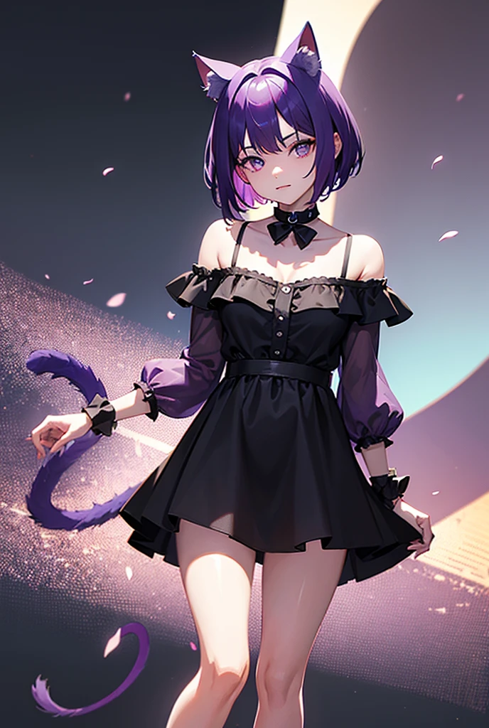 Purple eyes, black mini skirt, pretty girl, anime style, foxgirl, skinny, black tanktop, short black hair, 8k, hi-res, black collar, earrings, small breast, skinny, cute face, fox tail
