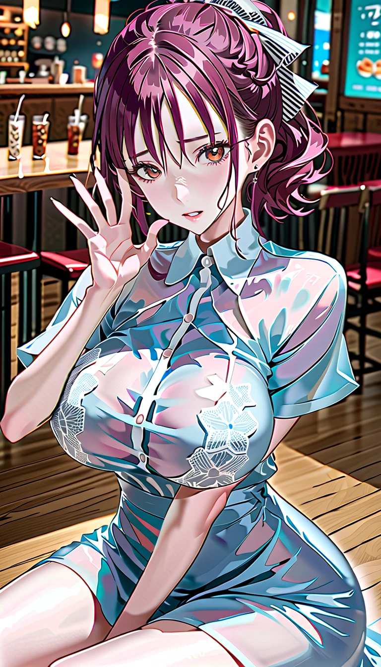 (score_9, score_8_up, score_7_up, score_6_up, score_5_up, score_4_up, just describe what you want, tag1, tag2, highest quality, Best quality, masterpiece,) BREAK she has medium breasts, (((perky breasts))), ((covered nipples)), BREAK , slender waist, skinny, baby face , round face, brown eyes , BREAK (( happy), (half open eye), (parted lips), ) BREAK (messy chignon , hind hair, )  BREAK (((extremely extremely close-up face, looking at viewer, from above))), (((1 lady is putting hand on between legs, stretching out , she is wearing oversized sheer casual dress, separate breasts, dropped breasts, scooping handful gesture with hands nearby her chin , traditional Chinese cafe, sparkle, glitter, ))),