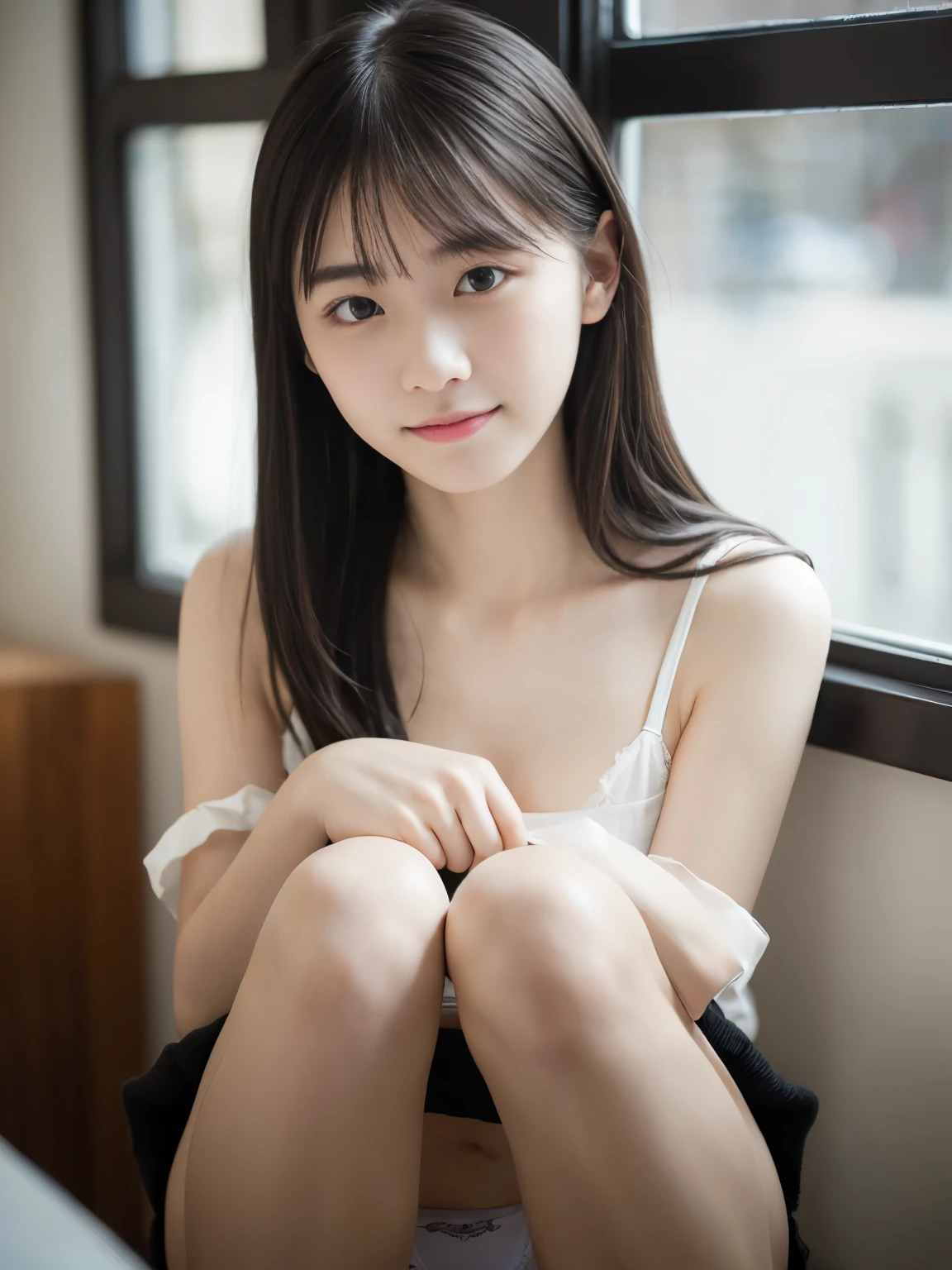 masterpiece, highest quality, 8K, (16years old:1.3) , RAW photo, disorganized, award-winning portraits, alone, noon, idol face, delicate face, Digital single-lens reflex camera, looking at the viewer, shy smile、shame、flushed cheeks、thin arms, small breasts, nipples, small ass、thin waist、Frank, Sophisticated, like々New, thin arms, professional lighting, film grain, black eyes, chromatic aberration, (detailed eyes and face:1.0), (Bokeh:1.1),(hyper pretty face:1.3),(medium black hair:1.4), (white blouse and school ribbon, black sweater:1.2),(mini skirt, dark color:1.3), (white panties:1.4), above the knee, angle from front, (sit with your knees up:1.3)