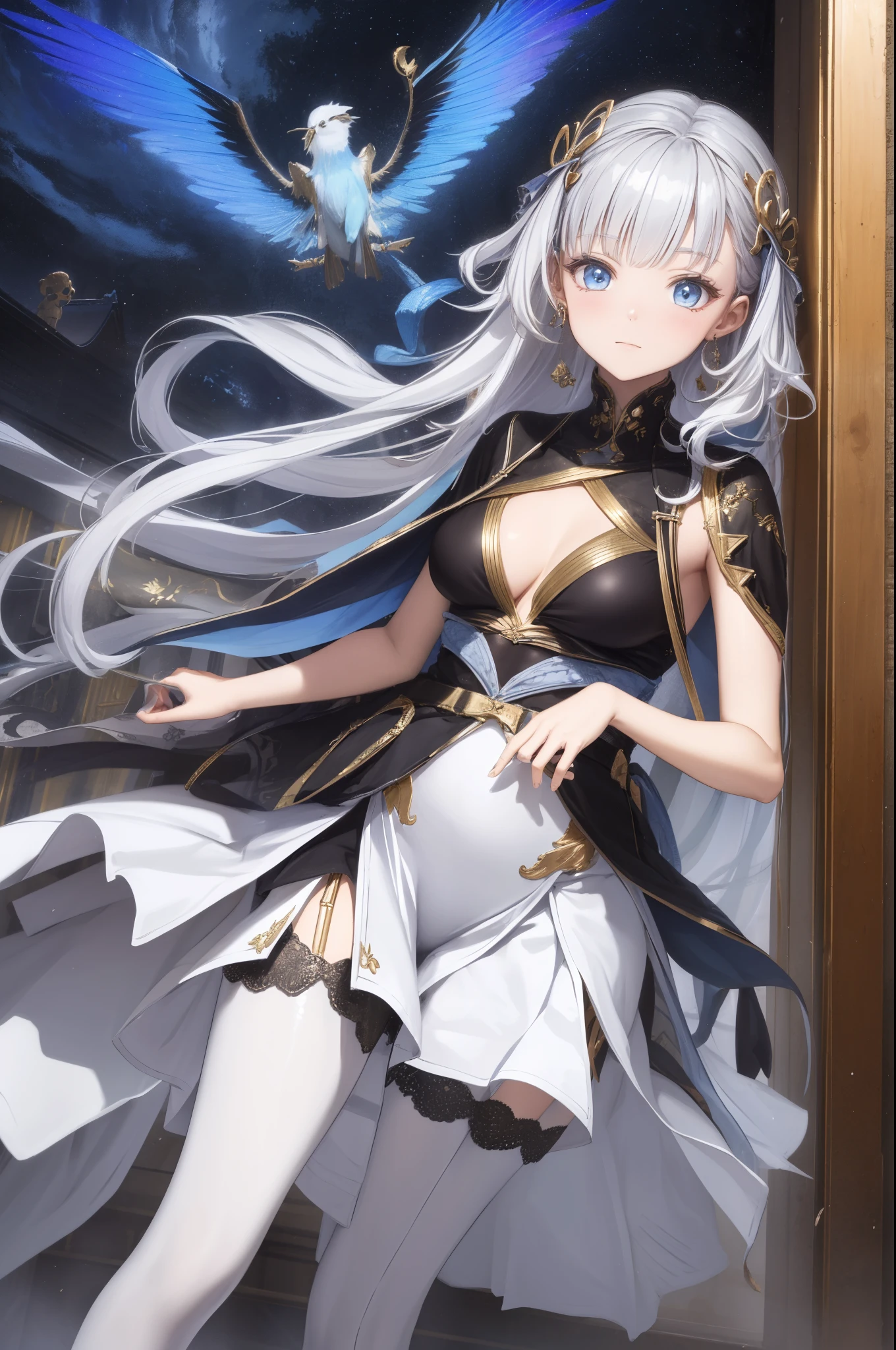 (best quality,4K,8k,high resolution,masterpiece:1.2),Extremely detailed,milf,,magic,enchanting,joy,Divine goddess,magical effect,Silver hair,blue eyes,Transparent dress,Exquisite decoration,Features of the magical costumes of the heavens，A small amount of sky blue cloth,Exquisite clothing,Layered Skirt,detailed lace,Delicate ruffles,bedroom,alone,at night,Lace pantyhose,Sacred stripes,Transparent clothing,Jewelry embellishments，Boots，fantastic clothes