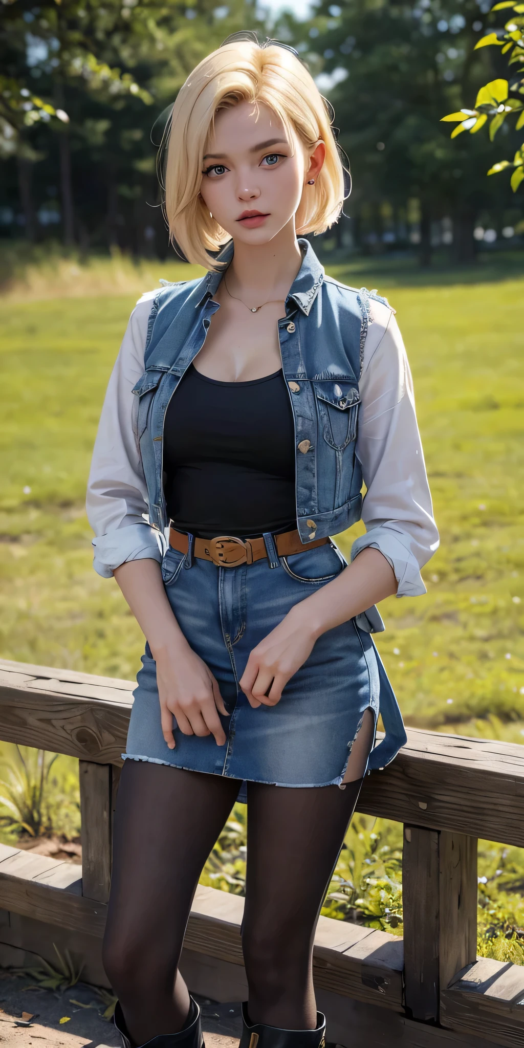a 20 yo woman, blonde, (hi-top fade:1.3), dark theme, soothing tones, muted colors, high contrast, (natural skin texture, hyperrealism, soft light, sharp), Android 18, Light Blonde hair, Medium Bob hair, Blue eyes, Wearing earrings, Long sleeves with black stripes on a white background, Blue denim mini vest, Blue denim mini skirt, The denim skirt's zipper seam line and stitching run vertically straight to the bottom of the skirt, Open-chested denim vest, Black T-shirt with high cleavage, Large breasts, Women's Western Cowboy Belt, Brown see-through pantyhose, Western short boots, Looking at viewer, Her whole body is visible on the screen, Her entire body is visible on the screen, from her head to her boots, On a bench, Slight smiling with closed lips standing next to bench , Blue sky, , outside, park, grass, Summer, trees, blue sky, high quality, masterpiece,