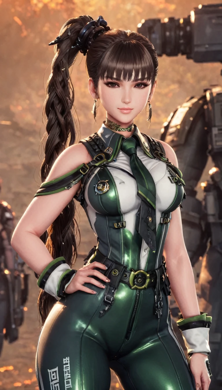 Eve, Stellar Blade, big breast, thick thighs, wide pelvis, 1 girl, solo, heavy makeup, cute, earrings, ring braid,(lewd smile:1.1), ponytail, idol, (arms behind the head:1.5), military uniform, (battleground:1.5)